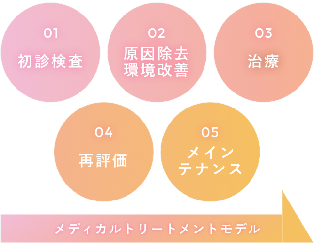01.初診検査　02.原因除去環境改善　03.治療　04.再評価　05.メインテナンス　メディカルトリートメントモデル